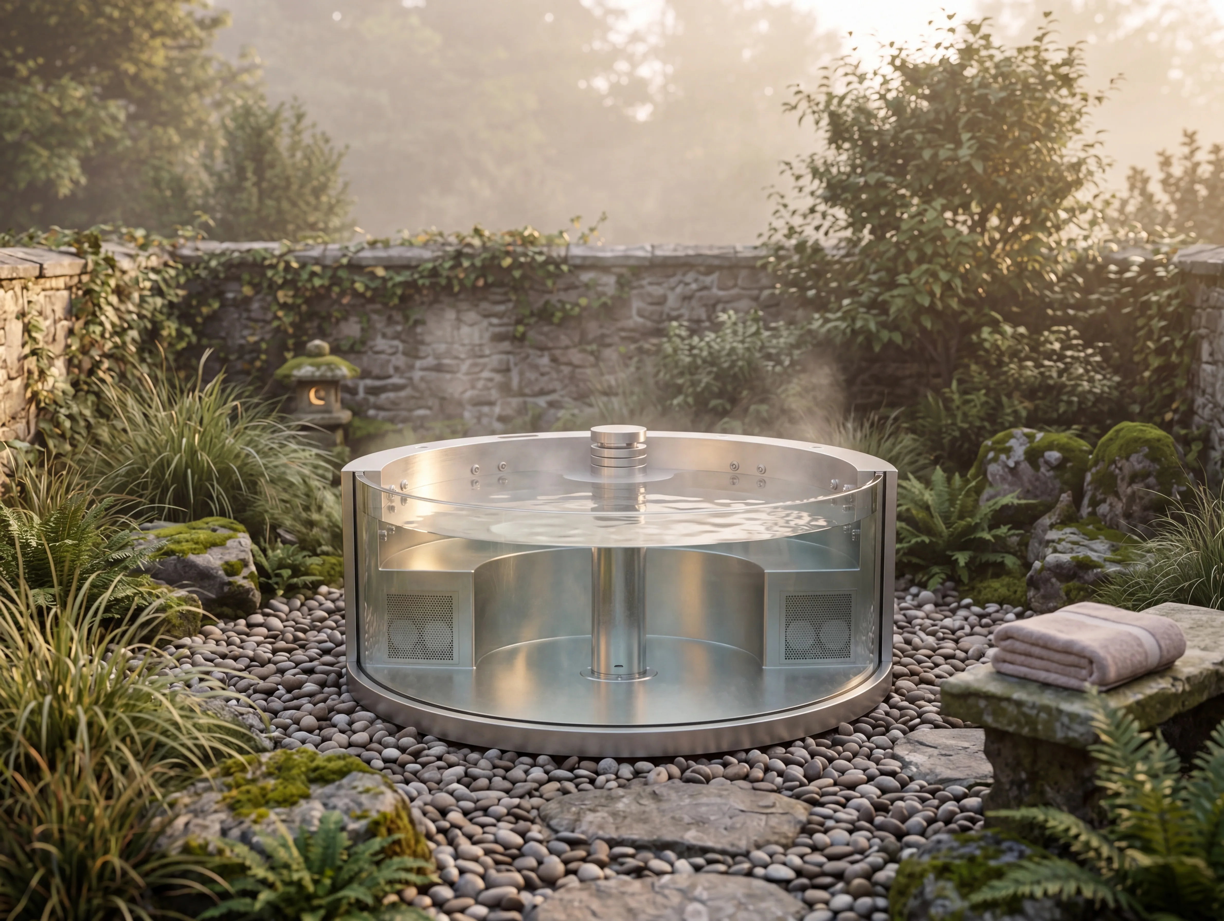 AP SWIM SPA-C round stainless steel swim spa with panoramic panels