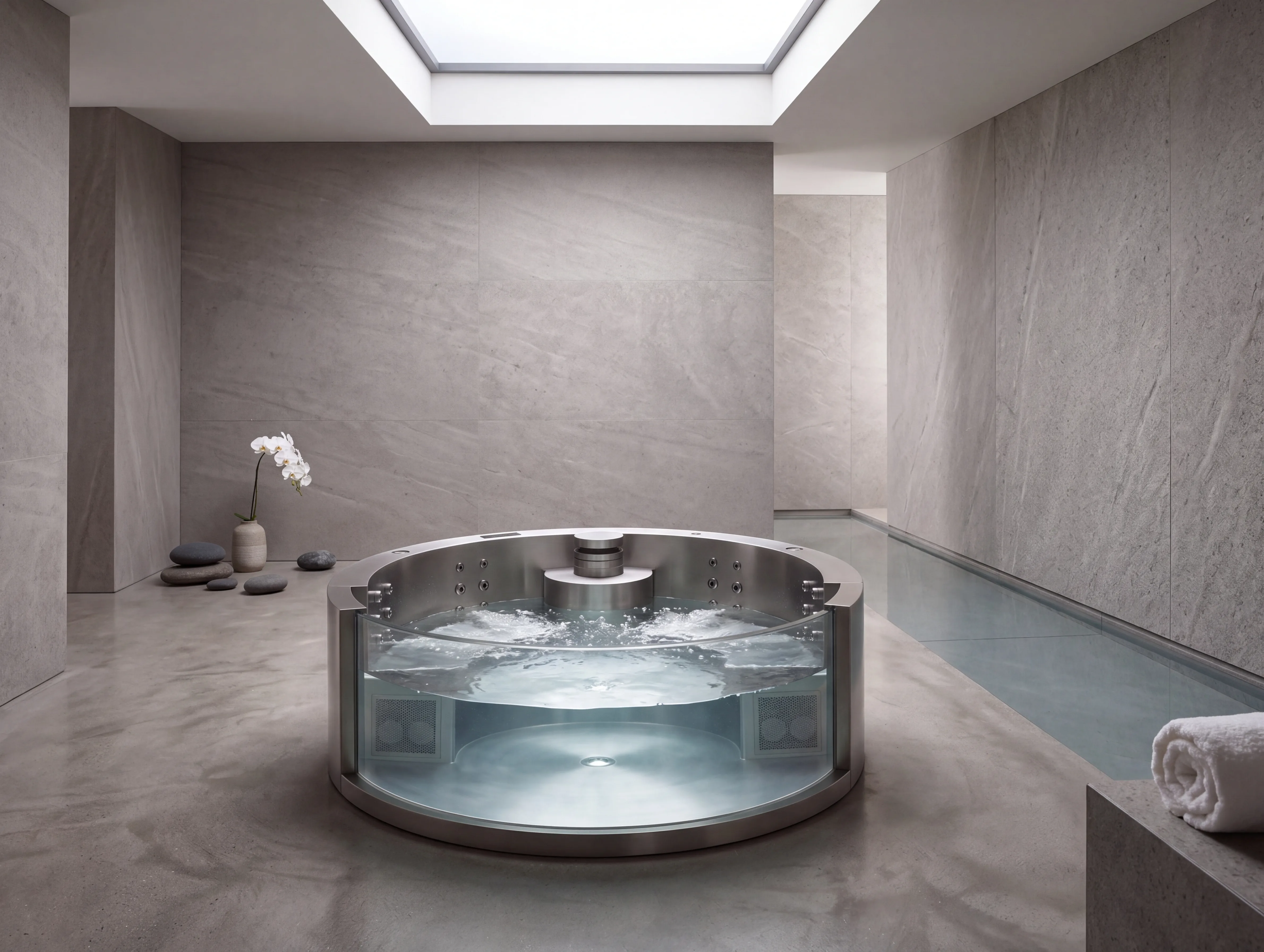 Round swim spa at a high-end boutique hotel rooftop