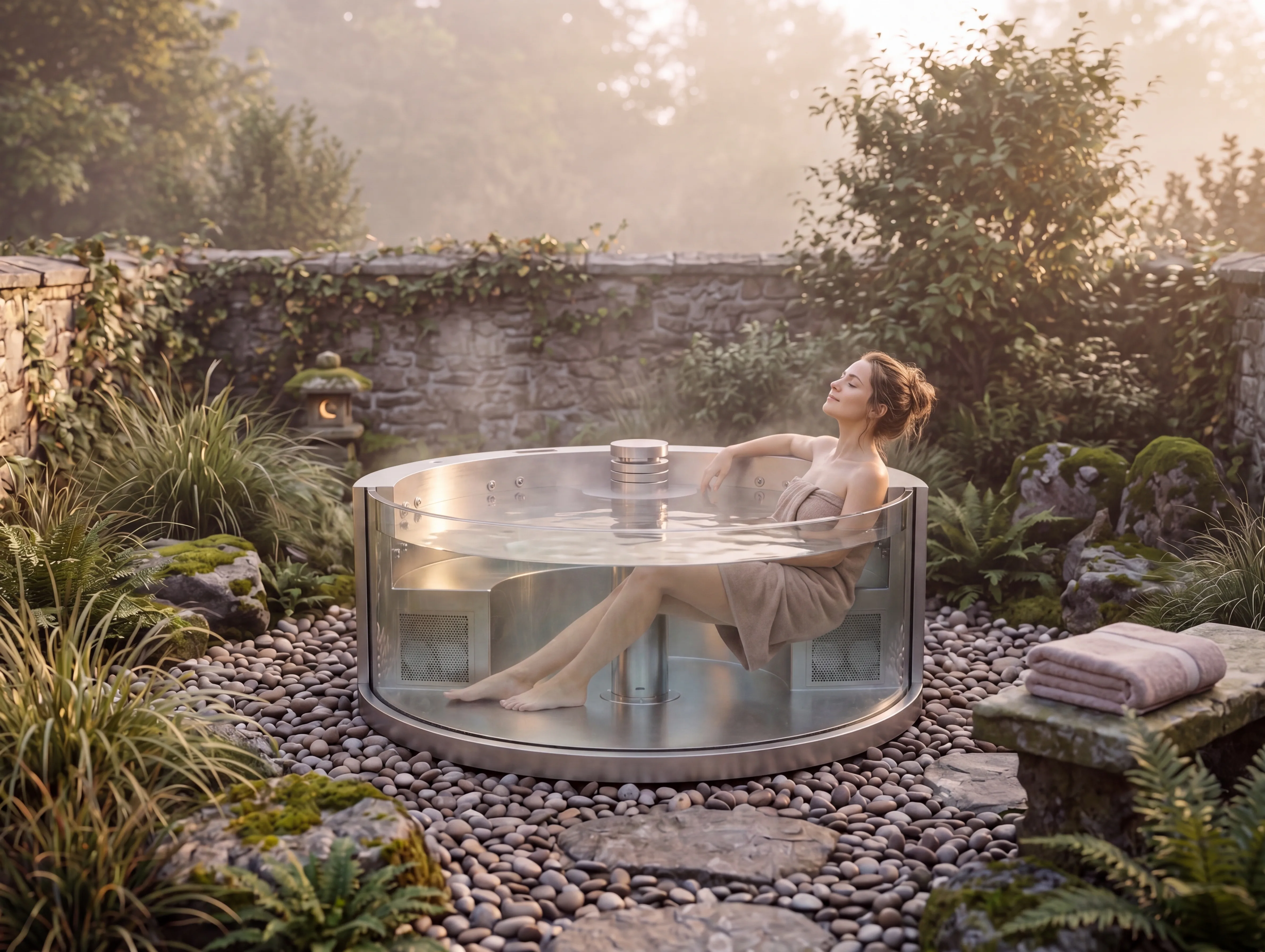 Round swim spa installed at a luxury beachfront resort